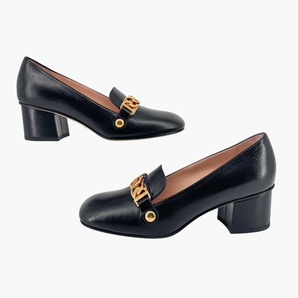 Gucci Sylvie Black Leather Chain Web Stripe Block Heel Pumps Shoes Size 37 US 7 - Picture 8 of 15